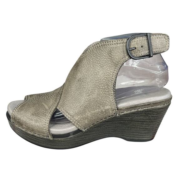 Dansko Women’s Vanda Grey Leather Open Toe Wedge Sandal Size 38 US 7.5/8 - Picture 3 of 11